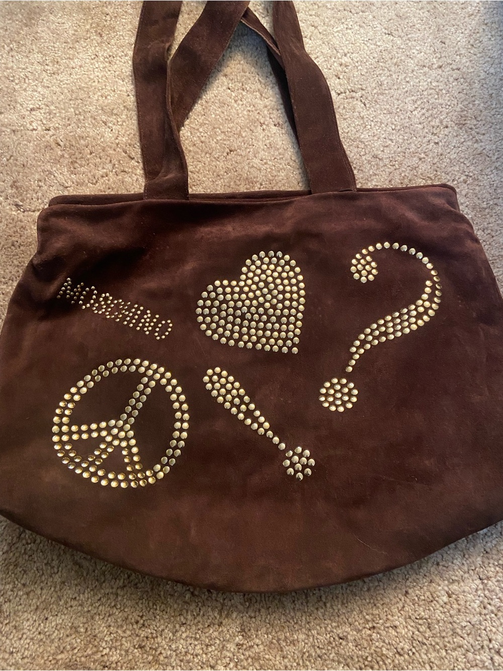 Moschino Brown Suede Tote with Gold Stud Embellishments